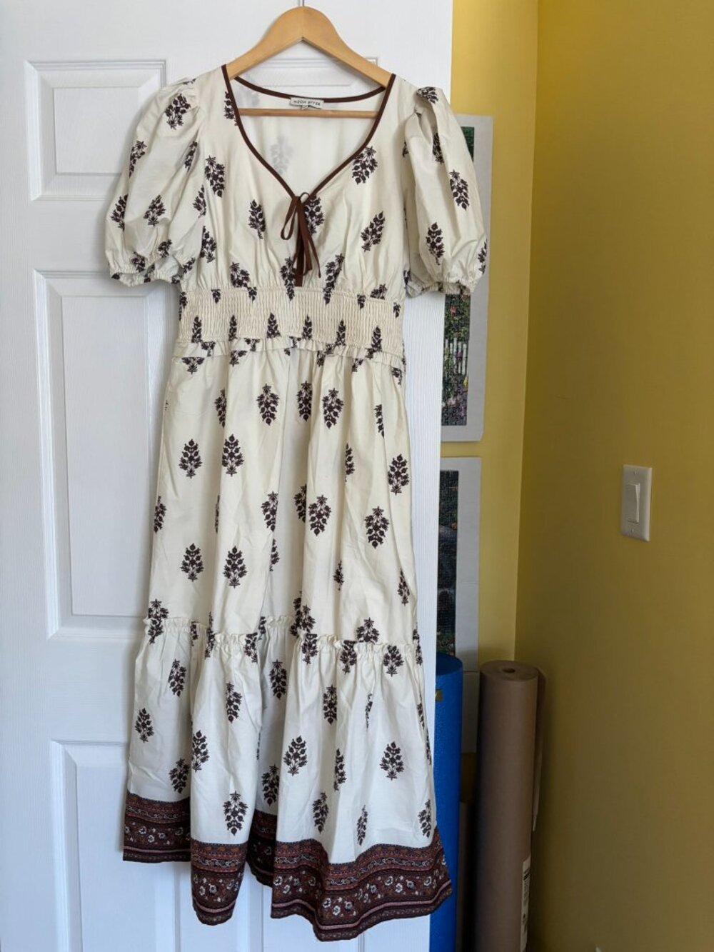 Moon River Boho Prairie Midi Dress Medium | Cottagecore Puff Sleeve Smocked Wais